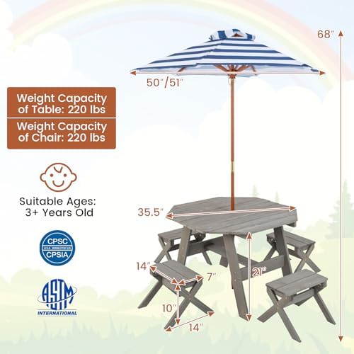 Costzon Kids Picnic Table, Fir Wood Octagon Kids Table and Chair Set with Removable Umbrella, Toddler Activity Table for Backyard, Garden, Patio, Kids Outdoor Furniture for Boys Girls (Grey)
