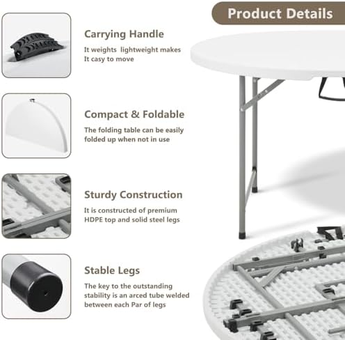 OS MOTOR 4.5ft Round Folding Table with Carry Handle, 54 Inch, White