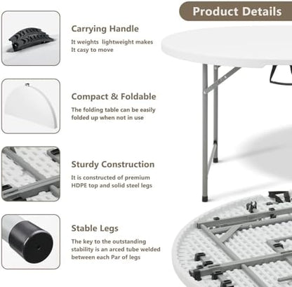 OS MOTOR 4.5ft Round Folding Table with Carry Handle, 54 Inch, White