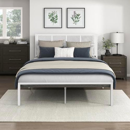 Lexicon Metal Bed Frame with Rattan Headboard, Platform Bed with Strong Metal Slat Support Under Bed Storage, Boho Faux Cane Bed, Mattress Foundation No Box Spring Needed, Queen Bed, White