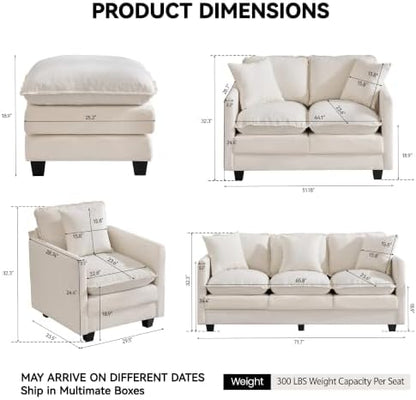 Cloud 3 Pieces Sofa Set, 2+2 Seater Couch+1 Ottoman, Modern Sofas Sets with Deep Seat, Modular Sectional Couches Sets for Living Room, Bedroom, Small Apartment, Beige