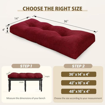 downluxe Indoor Bench Cushion for Indoor Furniture, Non-Slip Tufted Overstuffed Textured Foam Bench Seat Cushion, 36" X 14" X 4", Burgundy, 1 Pack