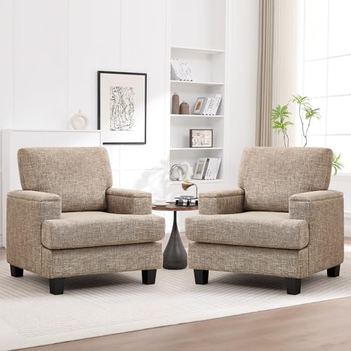 Accent Chairs Set of 2 with Armrest Storage, Modern Upholstered Reading Living Room Chairs, Comfy Large Armchairs, Fabric Accent Chair for Bedroom (Yellowish Brown)