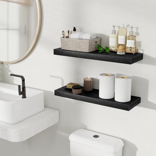 Floating Shelves for Wall, 24 Inch Set of 2 Rustic Wood Wall Shelves with Invisible Brackets, Heavy Duty Storage Display for Living Room Bedroom Kitchen, Black
