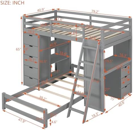 Twin Over Twin Bunk Bed with LED Light and USB Ports, Wood Bunk Bed with Desks, Bookshelves and 5 Drawers for Kids Teens Adults (Gray)