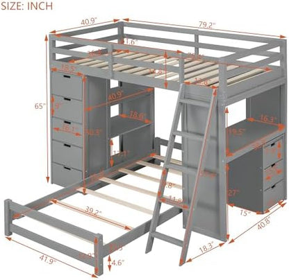 Twin Over Twin Bunk Bed with LED Light and USB Ports, Wood Bunk Bed with Desks, Bookshelves and 5 Drawers for Kids Teens Adults (Gray)