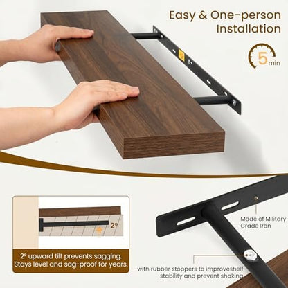 Dreamland 32inch Floating Shelves for Wall, Rustic Walnut Floating Shelves for Bathroom|Bedroom|Kitchen, Deep Wall Mounted Book Shelf, Wood Storage Display Shelf for Home Decor, Set of 2