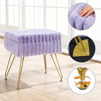 Vanity Stool Chair with Storage, Faux Fur Soft Padded Ottoman with Coffee Table, Modern Vanity Chair Fluffy Footstool with Metal Legs for Makeup, Living Room, Bedroom Purple
