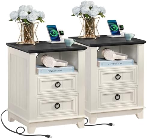 Joaxswe 18" Farmhouse Night Stand Set 2 with Charger Station & 2 Drawers