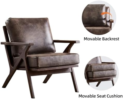 INZOY Mid-Century Modern Accent Chair with Wood Frame, PU Leather Living Room Chair and Soft Thick Padded Armchair for Living Room Bedroom Reception with Removable Upholstered Cushions, Dark Grey