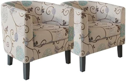 BELLEZE Living Room Chairs Set of 2, Linen Round Accent Barrel Chairs, Club Tub Sofa Chairs for Bedroom, Corner Chairs with Flared Legs and Cozy Soft Padding - Highland (Floral Print)