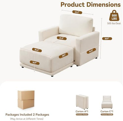 Modular Sectional Couch, 44.2" Chenille Single Sofa with Ottoman, White