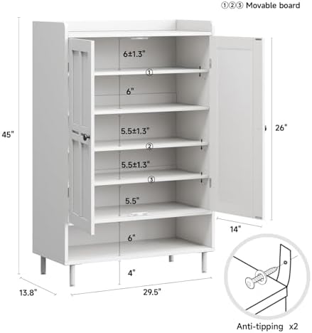 Shoe Cabinet with Cross Molding Doors, 6-Tier Storage, White