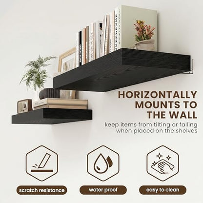 FLYJOE 32 Inch Floating Shelves, 12'' Deep Black Shelves for Wall Set of 2