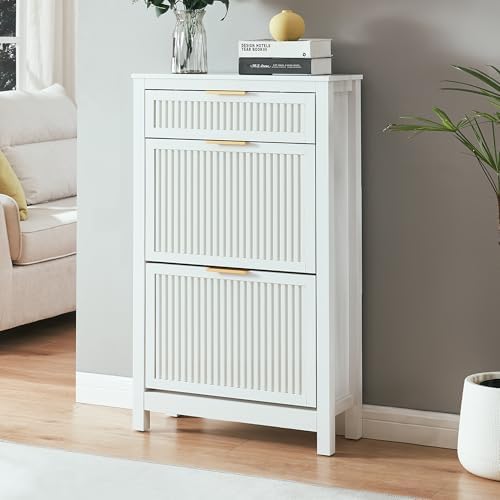 2-Flip Drawer Shoe Cabinet Narrow Entryway Rack, White
