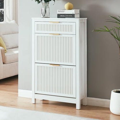 2-Flip Drawer Shoe Cabinet Narrow Entryway Rack, White