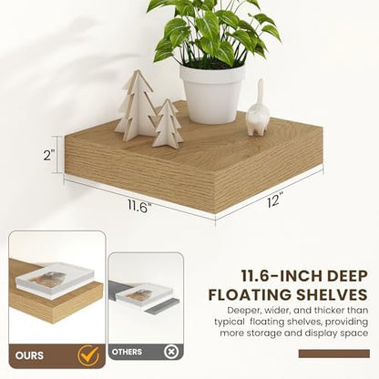 FLYJOE 12 Inch Deep Floating Shelves, 12'' x 12'' Oak Shelves Set of 2