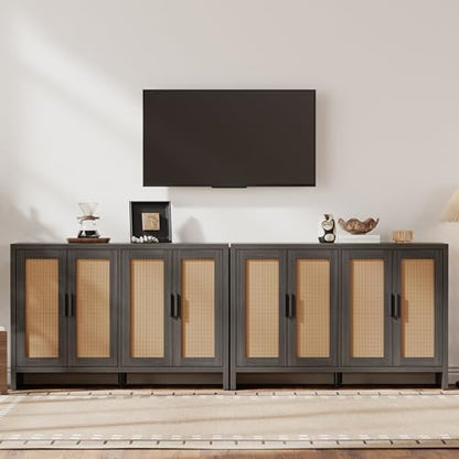 Rattan Buffet Cabinet with Storage, Sideboard with Doors, Console Table, Farmhouse Coffee Bar, Modern Wood Long Cabinets (Brown Black)