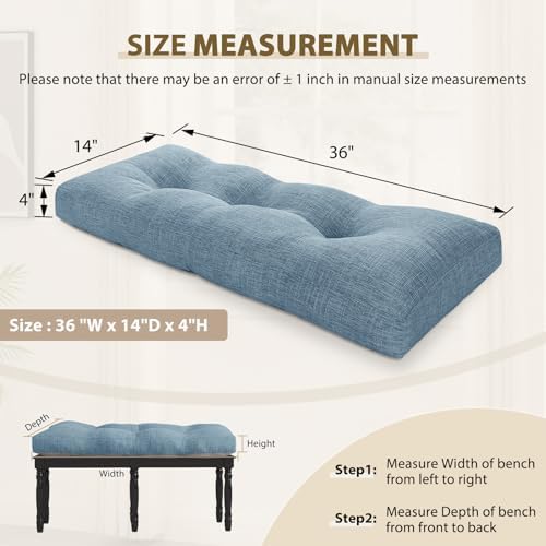 downluxe Indoor Bench Cushion for Indoor Furniture, Non-Slip Tufted Overstuffed Textured Foam Bench Seat Cushion, 36" X 14" X 4", Blue, 1 Pack