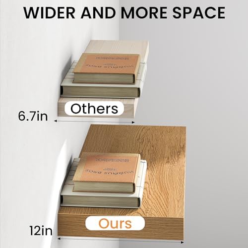 12" Deep Floating Shelves for Wall, 30" Long Oak Finish Wall Shelves, Set of 2, 2" Thick Rustic Storage Shelves with Invisible Brackets for Living Room Bedroom Kitchen