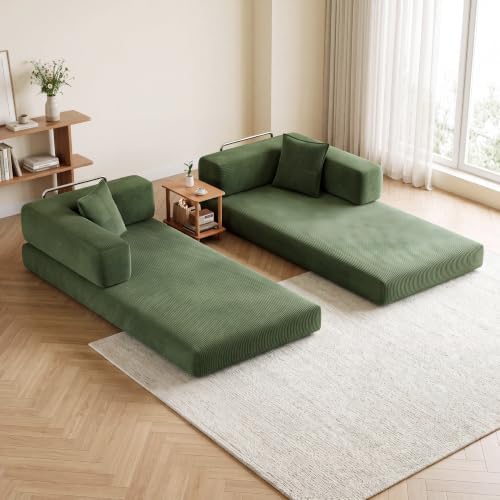Green Corduroy Convertible Sofa Bed, No Assembly, Removable Backrest & Arms