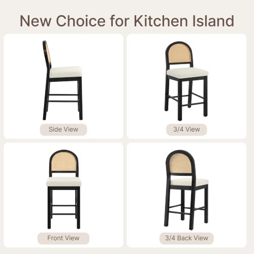 KISLOT Upholstered Rattan Bar Stools, 26'' Counter Height, Set of 6, Black