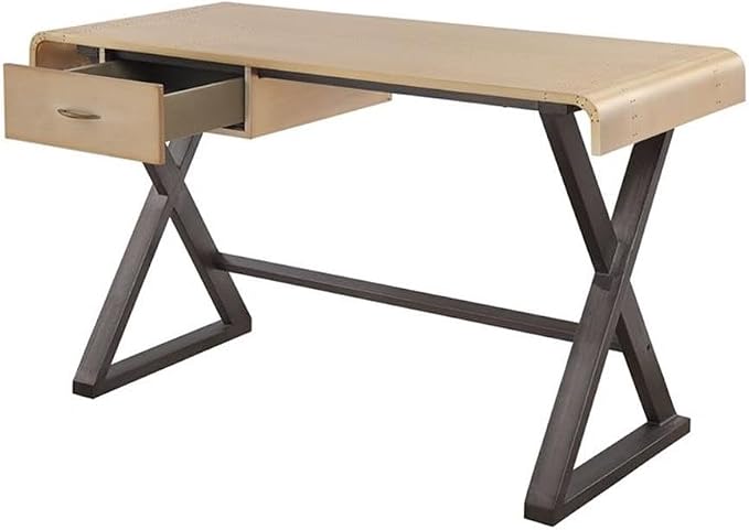 BOWERY HILL Modern Home Office Desk, 50 in x 22 in x 31 in, Gold Aluminum Top, Metal X-Frame Legs, Rectangular Table with 1 Storage Drawer, Durable Industrial Style Workspace