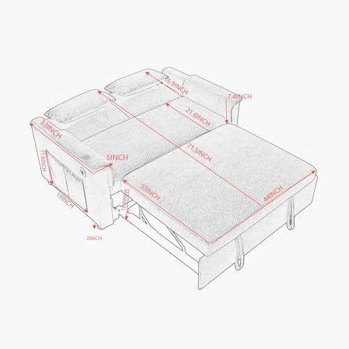 Sofa Bed, Pull Out Couch with Side Pockets, 3 in 1 Velvet Loveseat Sleeper Sofas Beds with USB Ports, Sofa Bed Couch with Adjustable Backrest for Living Room, Bedroom, Apartment, Gray