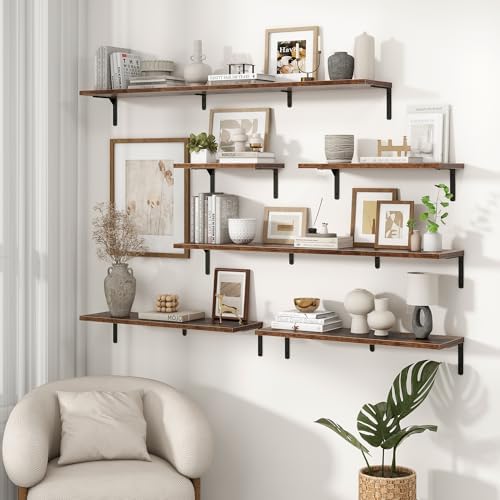 Deep Floating Shelves, 24W x 8D Floating Shelves Set of 2, Wall Mounted Shelf with Metal Brackets, Rustic Wood Wall Shelf for Bathroom, Kitchen and Living Room, Rustic Brown