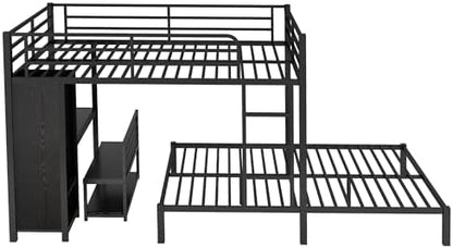 Queen Over Queen Size Metal Bunk Bed Frame with Built-in Wardrobe, Desk and Storage Chairs, Perfect for Kids Teens Adults