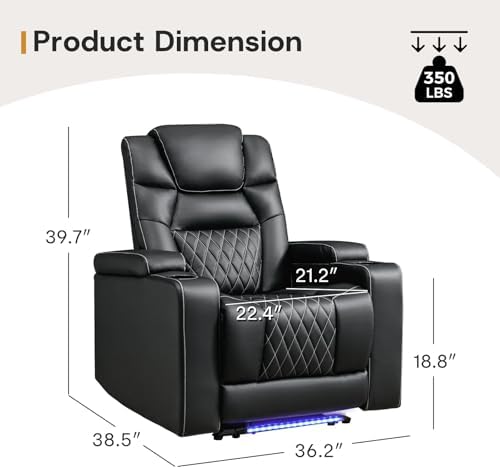 ANJ Power Recliner Chairs Set of 6, Electric PU Leather Home Theater Seating with Adjustable Recline,LED Light, Hidden Arm Storage, USB Port, Cup Holders – Breathable Backrest, FSC Wood Frame,Black