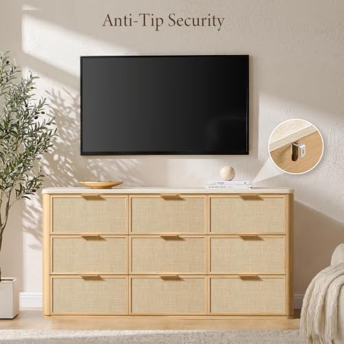 Rattan Dresser for Bedroom, 63'' Wide 9 Drawer Dresser