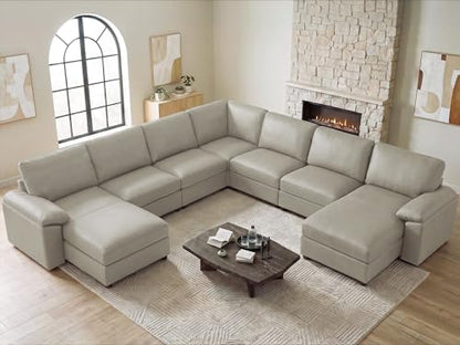 139.2''Oversized V Shaped Faux Leather Modular Sectional Couch, Greige