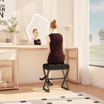 YMYNY Vanity Stool, Linen Footrest Stool, Ottoman Bench with X-Shaped Metal Legs, Makeup Dressing Stool for Vanity, Living Room, Bedroom, Entryway, Hallways 15.74" D×11.81" W×18.11" H Black UHBD033B
