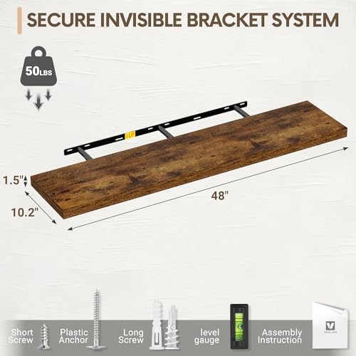 10 Inch Deep Floating Shelves for Wall 48” Set of 2, Rustic Brown