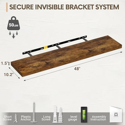 10 Inch Deep Floating Shelves for Wall 48” Set of 2, Rustic Brown