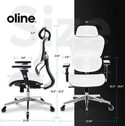 Oline ErgoPro Ergonomic Office Chair with 4D Adjustable Armrest, 3D Lumbar Support and Blade Wheels - Mesh Computer Gaming Rolling Desk Executive Swivel Home Chair (White)