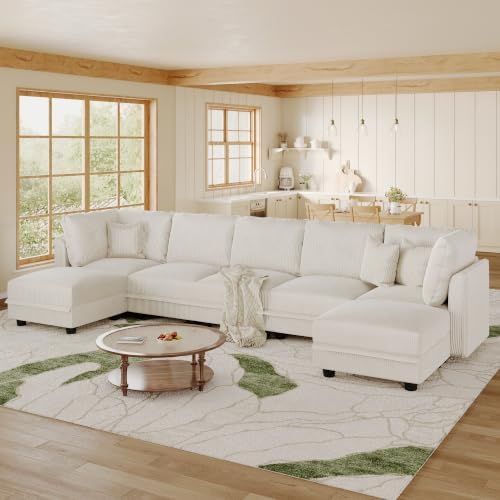 LLappuil Modular Sectional Sofa with Storage, U-Shaped 7-Seat Corduroy Couch with 7 Throw Pillows, Pet-Friendly Convertible Sofa for Living Room & Apartment, Skin-Friendly, Beige
