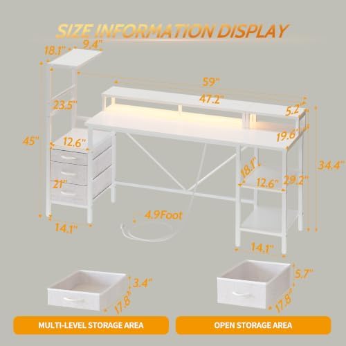 60" Reversible Gaming Desk with Drawers & Shelve, Large Computer Desk,White