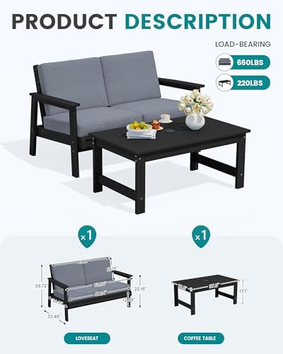 SERWALL Outdoor Loveseat with Coffee Table, HDPE Patio Furniture Set