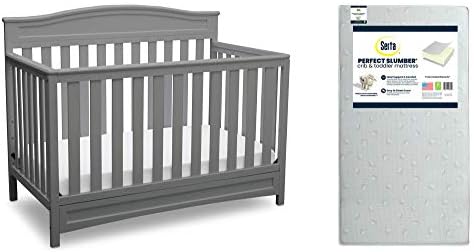 Delta Children Emery 4-in-1 Convertible Crib, Grey + Serta Perfect Slumber Dual Sided Recycled Fiber Core Crib and Toddler Mattress (Bundle)