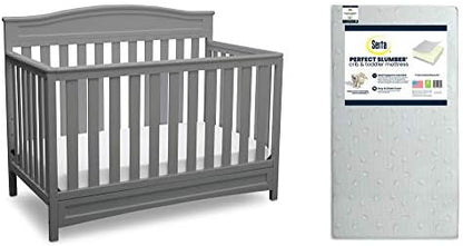 Delta Children Emery 4-in-1 Convertible Crib, Grey + Serta Perfect Slumber Dual Sided Recycled Fiber Core Crib and Toddler Mattress (Bundle)