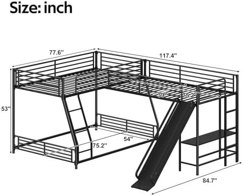 L-Shaped Twin Over Full Bunk Bed with Twin Size Loft Bed,Built-in Desk and Slide,Black