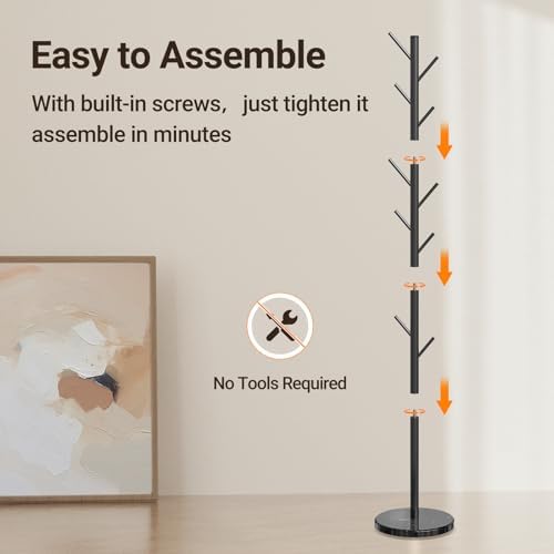 Coat Rack Freestanding, Metal Coat Rack with Natural Marble Base
