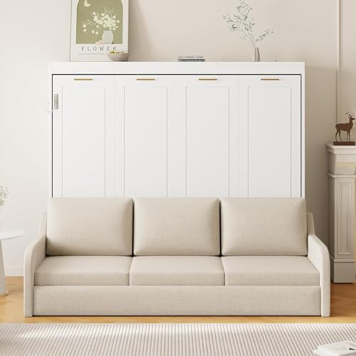 MERITLINE Full Horizontal Murphy Bed with Sofa and Storage Shelves, LED Light, Solid Wood Space Saving Hideaway Murphy Wall Bed with Couch and Storage for Adults (Beige,Full)