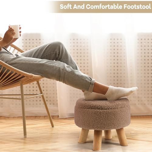 OGEMXU Ottoman Foot Rest, Small Round Ottoman with Storage, Boucle Teddy Velvet Footstool with Wood Legs, Soft Sponge Storage Ottoman for Living Room, Bedroom, Couch, Enterway (Camel Brown)