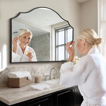 Black Scalloped Wall Mirror: 40"x29" Large Wooden Bathroom Mirror