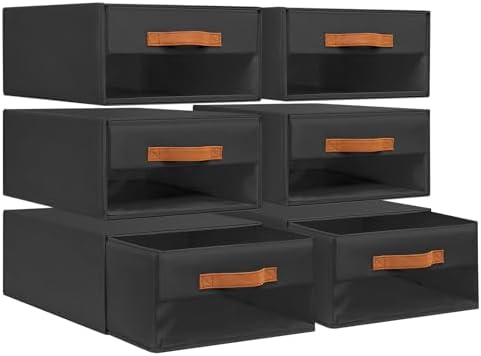 DIMJ Closet Organizers and Storage - Foldable Storage Bins with Drawers Fabric Stackable Storage Drawers with Clear Window,Fabric Clothes Organizers and Storage Drawers for Closet, 6-Pack, Black