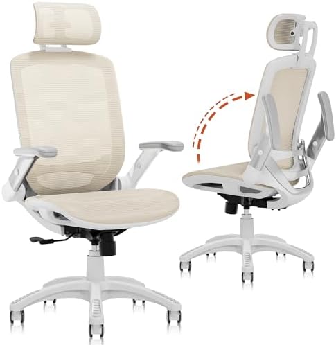 GABRYLLY Ergonomic Office Chair, High Back Home Desk Chair with 2D Flip-Up Arms, 3D Headrest, 90-120° Tilt and Wide Cushion, Big and Tall Mesh Chairs for Man Woman, Computer Task Chair Beige