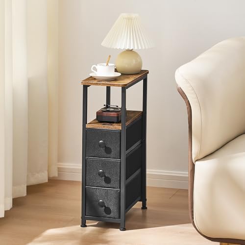 End Table, Narrow Side Table with 3 Fabric Drawers, Slim Nightstand, Small Bedside Table with Storage, Living Room, Bedroom, Rustic Brown HKET1300BR